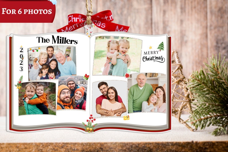 Photo Book Shaped Ornament, Personalized Custom Photo Print, Perfect Gift for Loved Ones, Customizable Gifts for Christmas Tree, Family Name