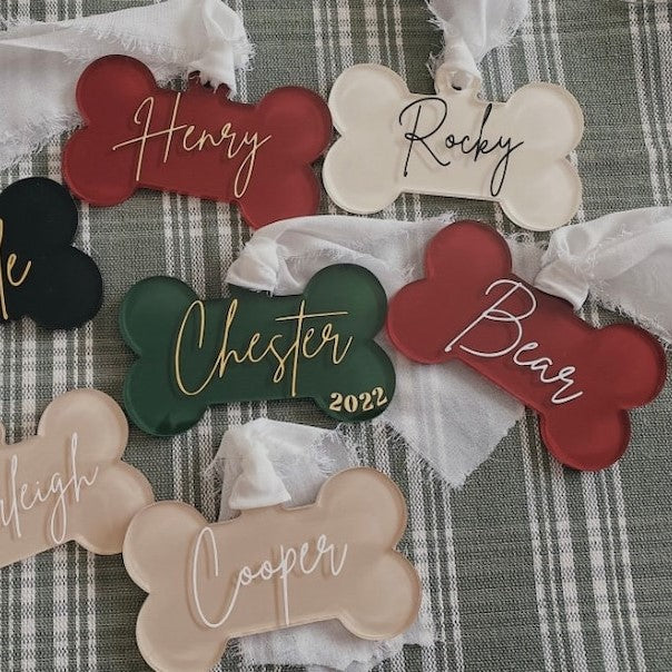 Custom Acrylic Dog Bone Ornament / Christmas Ornament / Custom Ornament / Custom Stocking Tag / Custom Gift Tag / Dog Mom Gift