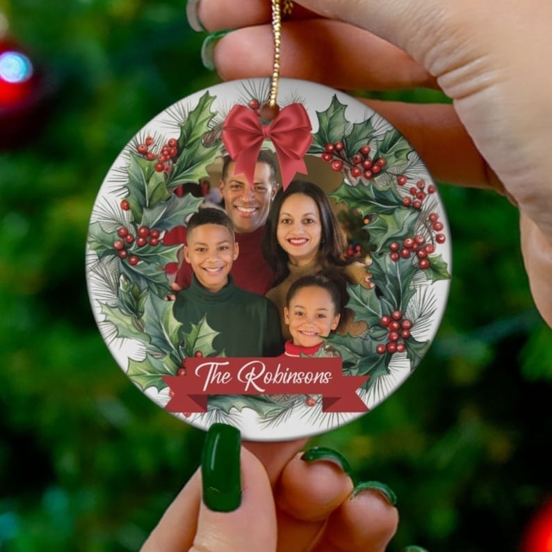 Personalized Christmas Photo Family Round Ornament, Christmas Gift Ornament, Custom Xmas Family