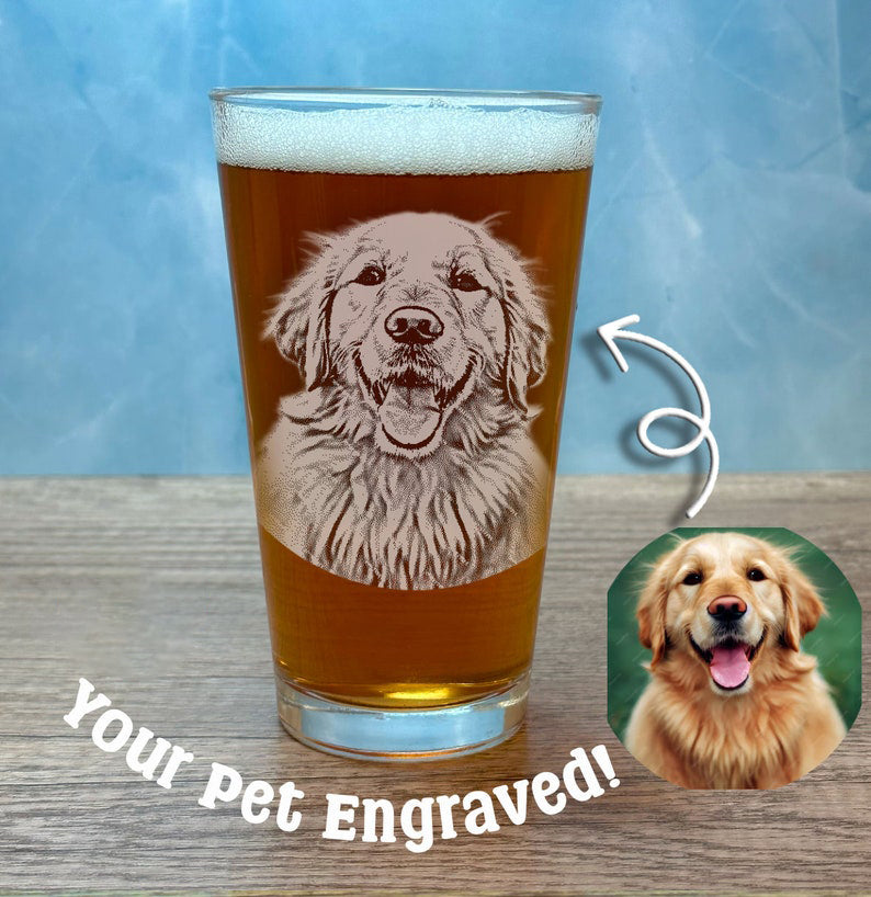 Engraved Pet Portrait Pint Glass - Personalized Dog Cat Lover Gift - Custom Beer Glass