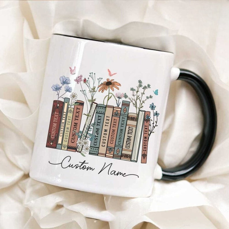 Personalized Floral Books Mug, Favorite Bookshelf Coffee Mug, Custom Tittle & Name Librarian Bookworm Gift for Reader, Gift for Book Lovers