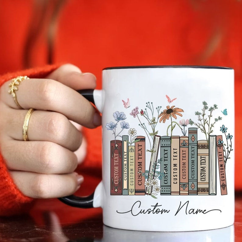 Personalized Floral Books Mug, Favorite Bookshelf Coffee Mug, Custom Tittle & Name Librarian Bookworm Gift for Reader, Gift for Book Lovers