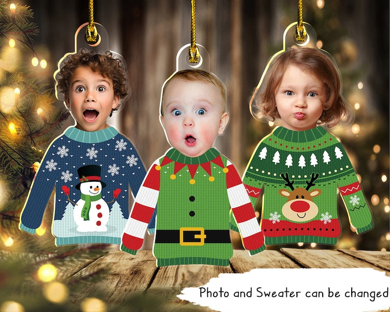 Custom Kid's Face Christmas Ornament Gift For Grandparents, Personalized Acrylic Ornament, Custom Photo Funny Kid In Christmas Ugly Sweater