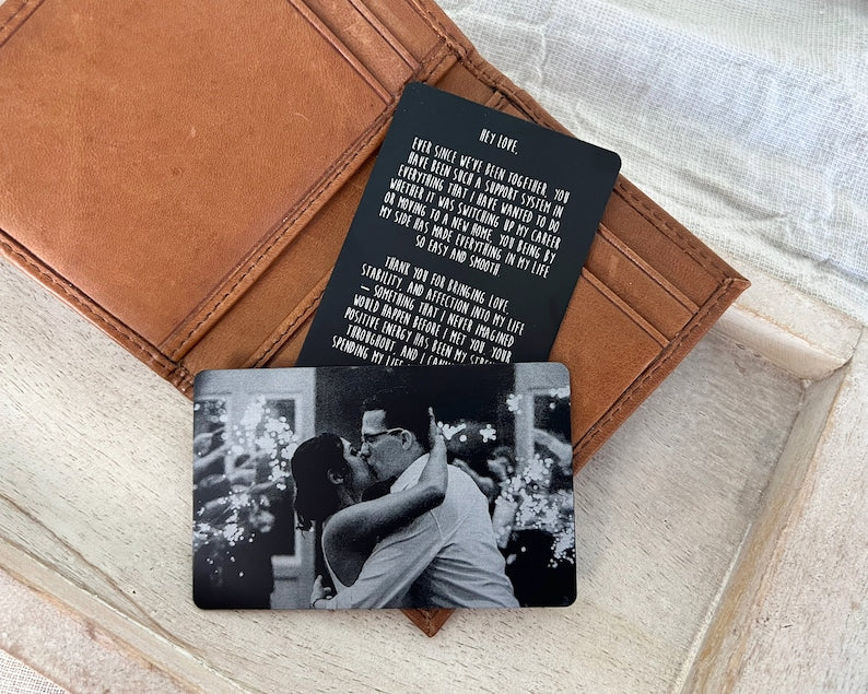 10 Year Tin Anniversary Gift For Him - Personalized Engraved Picture Aluminum Wallet Card Insert