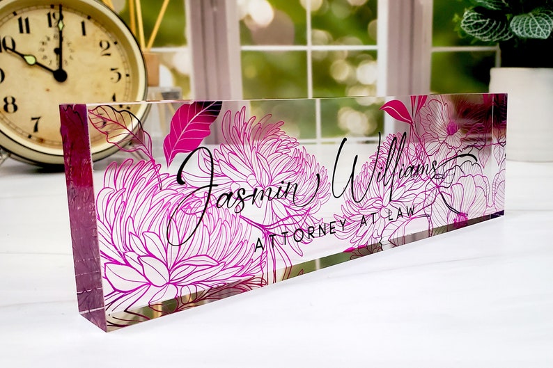 Custom Name Plate for Desk, Desk Nameplate, Personalized Gift, Acrylic Plaque, Pink Floral Name Plate, Gift for Women, Gift for Lady