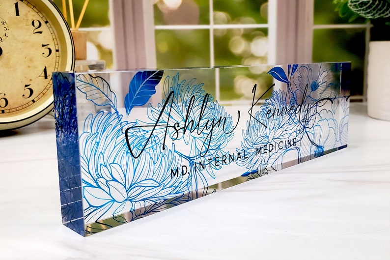 Custom Name Plate for Desk, Desk Nameplate, Personalized Gift, Acrylic Plaque, Royal Blue Floral Name Plate, Gift for Her, Gift for Lady