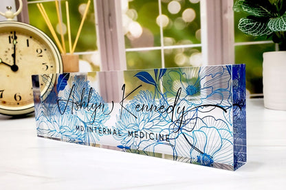 Custom Name Plate for Desk, Desk Nameplate, Personalized Gift, Acrylic Plaque, Royal Blue Floral Name Plate, Gift for Her, Gift for Lady