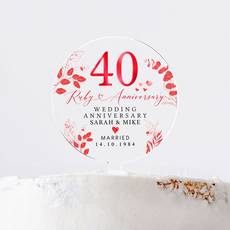 Personalised Anniversary Cake Topper, Ruby Anniversary Cake Topper, 40th Anniversary Cake Topper, 40th Anniversary Gift, 40th Anniversary