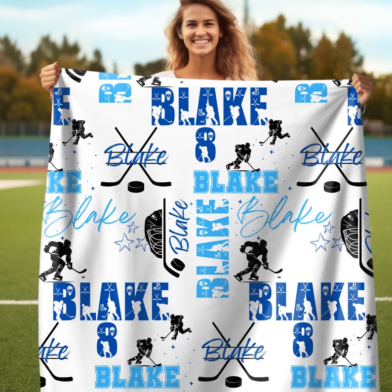 Ice Hockey Boy Personalized Blanket, Custom Name Hockey Throw, Gift for Hockey Fan, Blanket For Hockey Player, Matching Sport Team Gift