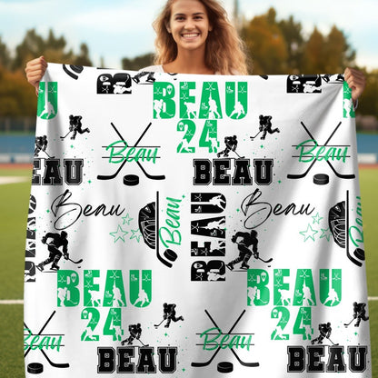 Ice Hockey Boy Personalized Blanket, Custom Name Hockey Throw, Gift for Hockey Fan, Blanket For Hockey Player, Matching Sport Team Gift