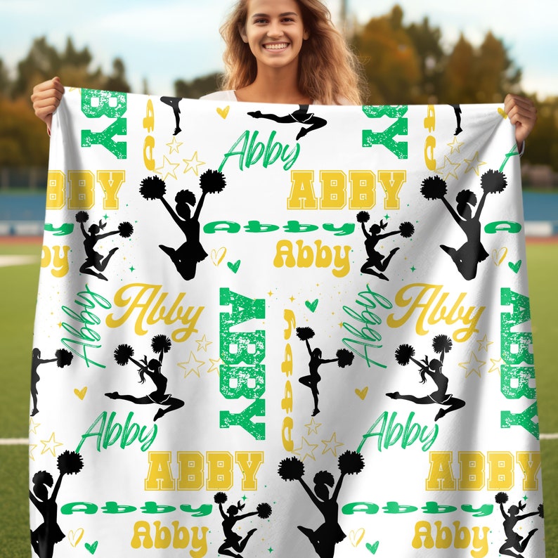 Cheerleader Personalized Blanket, Custom Girl Name Collage with Cheerleader Pattern, Personalized Gift for Cheerleader, Custom Cheer Team