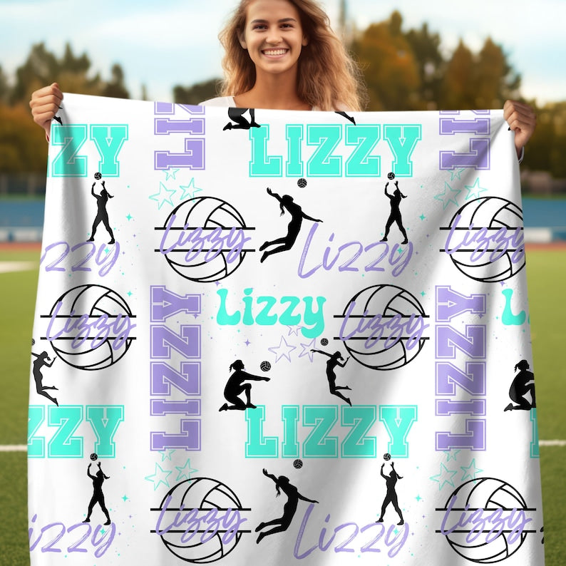 Volleyball Girl Personalized Blanket, Custom Girl Name Collage with Volleyball Pattern, Gift for Volleyball Player, Custom Team Throw