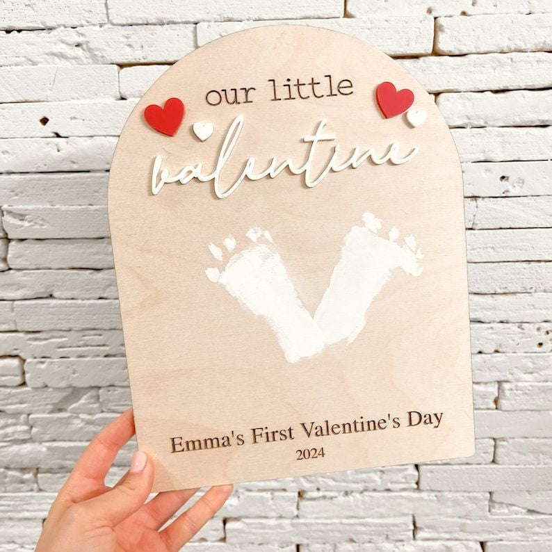 our little valentine wooden sign, baby's first valentine's day, baby feet keepsake, tiny little valentine sign