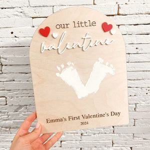 our little valentine wooden sign, baby's first valentine's day, baby feet keepsake, tiny little valentine sign