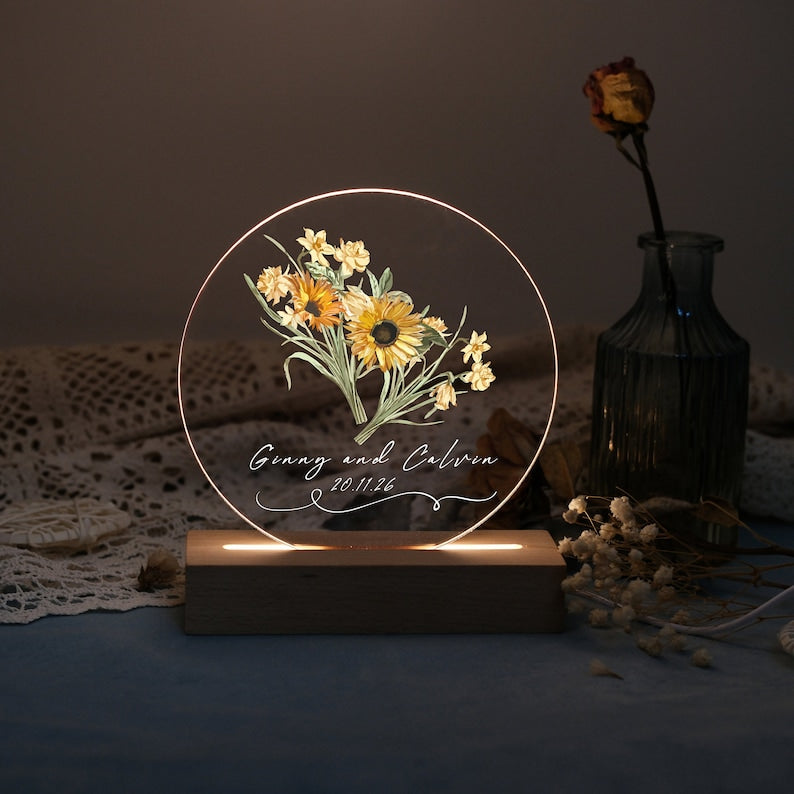 Custom Couples Name Night Light with Sunflower, Personalized Led Night light, Anniversary Gift, Valentine s Gift, Unique Wedding Gift