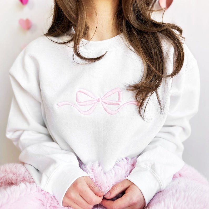 Cute Bow Embroidered Gemma Sweatshirt | Dainty Bow Sweatshirt | Embroidered Bow Ribbon Trendy Sweatshirt | Embroidered Bow | Gift for Her