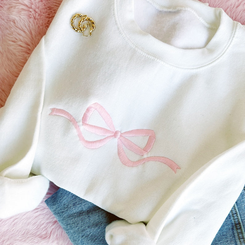 Cute Bow Embroidered Gemma Sweatshirt | Dainty Bow Sweatshirt | Embroidered Bow Ribbon Trendy Sweatshirt | Embroidered Bow | Gift for Her