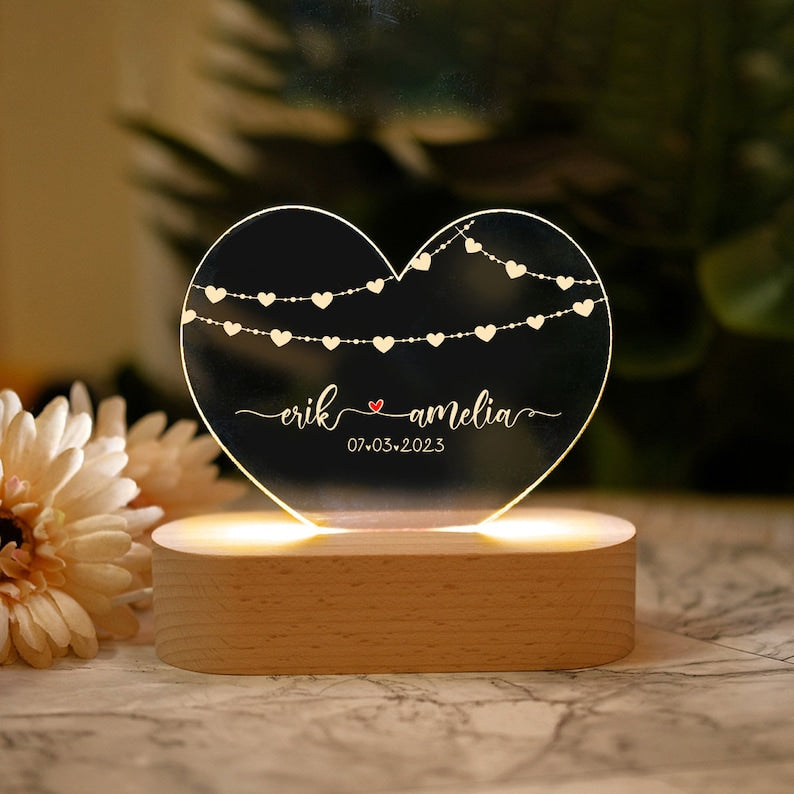 Personalized Heart Night Light, Custom Wedding Gift, Anniversary Decor
