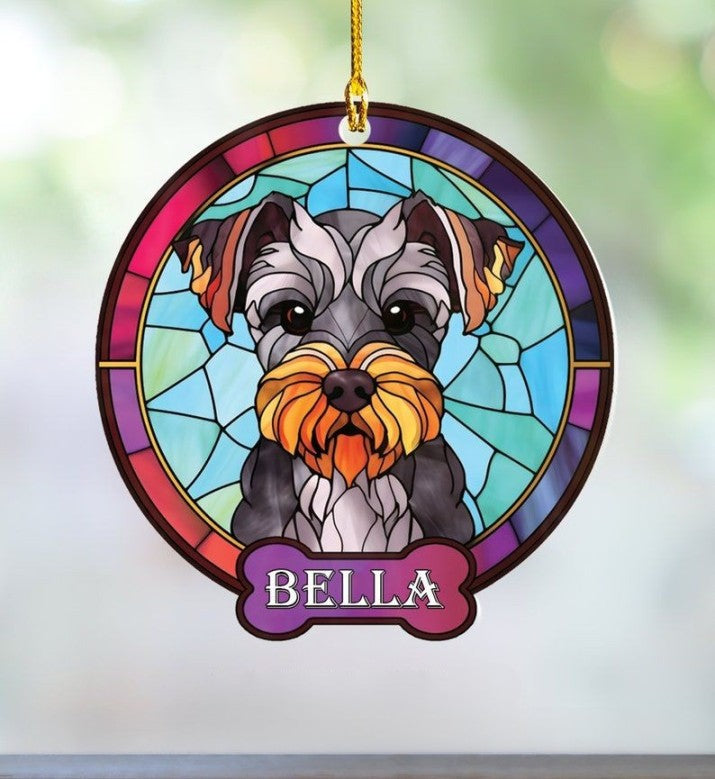 Personalized Schnauzer Ornament, Custom Schanuzer gift for Dog Lovers and Schnauzer Moms & Dads, Mini Schnauzer Acrylic Faux Stained Glass