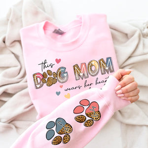 This Dog Mom Wears Her Heart on Her Sleeve , Dog Paw , Custom Dog Name shirt , Glitter Dog Mama Sweatshirt, Dog Mom, Dog Lover shirt Hoodie Dog Mom Gift Mother's day gift for Dog lovers