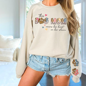 This Dog Mom Wears Her Heart on Her Sleeve , Dog Paw , Custom Dog Name shirt , Glitter Dog Mama Sweatshirt, Dog Mom, Dog Lover shirt Hoodie Dog Mom Gift Mother's day gift for Dog lovers