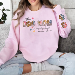 This Dog Mom Wears Her Heart on Her Sleeve , Dog Paw , Custom Dog Name shirt , Glitter Dog Mama Sweatshirt, Dog Mom, Dog Lover shirt Hoodie Dog Mom Gift Mother's day gift for Dog lovers