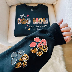 This Dog Mom Wears Her Heart on Her Sleeve , Dog Paw , Custom Dog Name shirt , Glitter Dog Mama Sweatshirt, Dog Mom, Dog Lover shirt Hoodie Dog Mom Gift Mother's day gift for Dog lovers