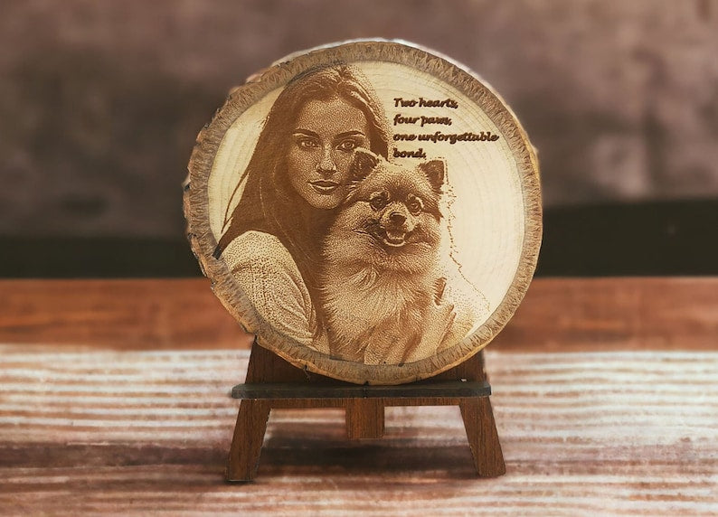 Pet Memorial Plaque - Custom Pet Portrait from Photo Personalized Dog or Cat Engraved Live Edge Wood Slab Keepsake