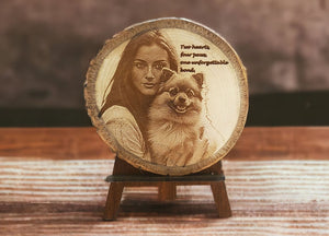 Pet Memorial Plaque - Custom Pet Portrait from Photo Personalized Dog or Cat Engraved Live Edge Wood Slab Keepsake