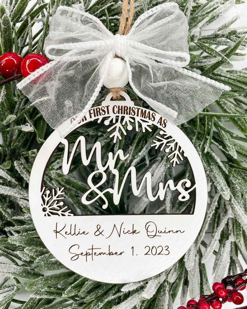 Personalized Wedding Christmas Ornament, Our First Christmas Married Ornament, Mr & Mrs Christmas Ornament, Newlywed Christmas Ornament Gift