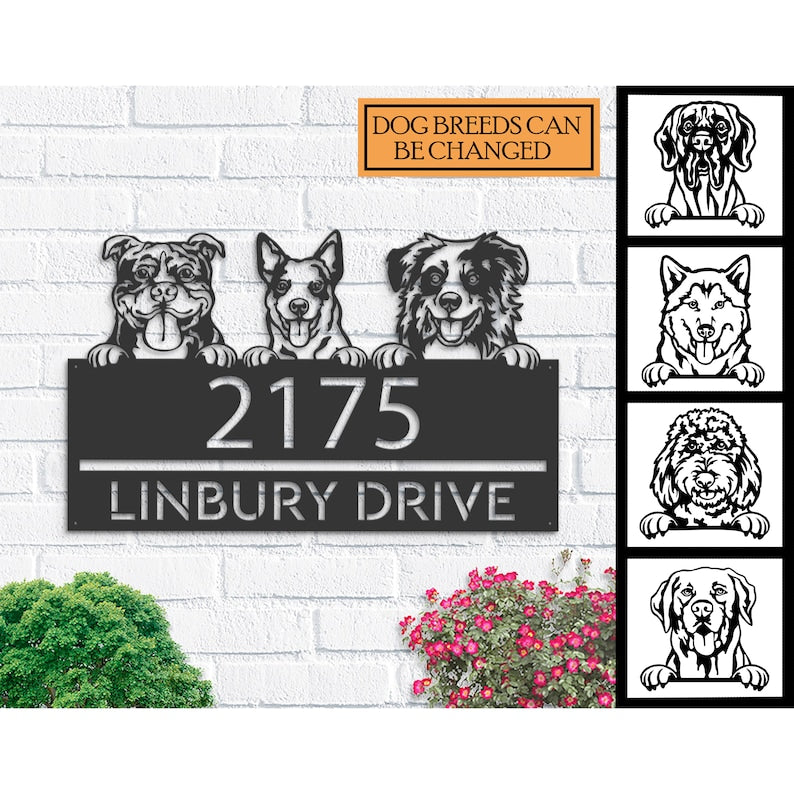 Personalized peeking dogs, puppy Metal Address Sign House number Hanging Address Plaque Yard Sign Outdoor decor Garden Stake