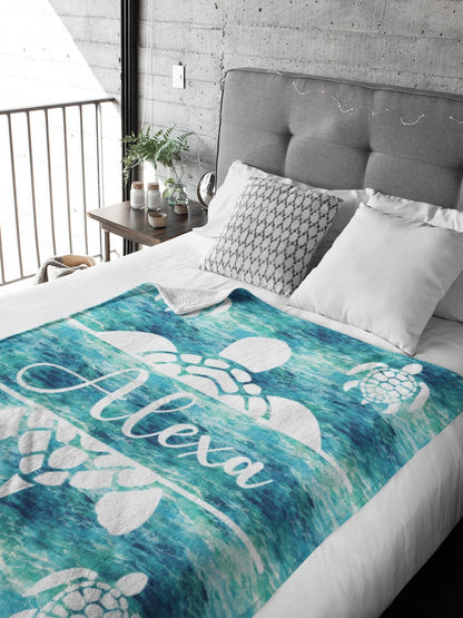 Personalized Sea Turtle Blanket | Customizable Sea Turtle Ocean Waves Blanket | Soft Blanket | Toddler Blanket | Comfy Throw Blanket
