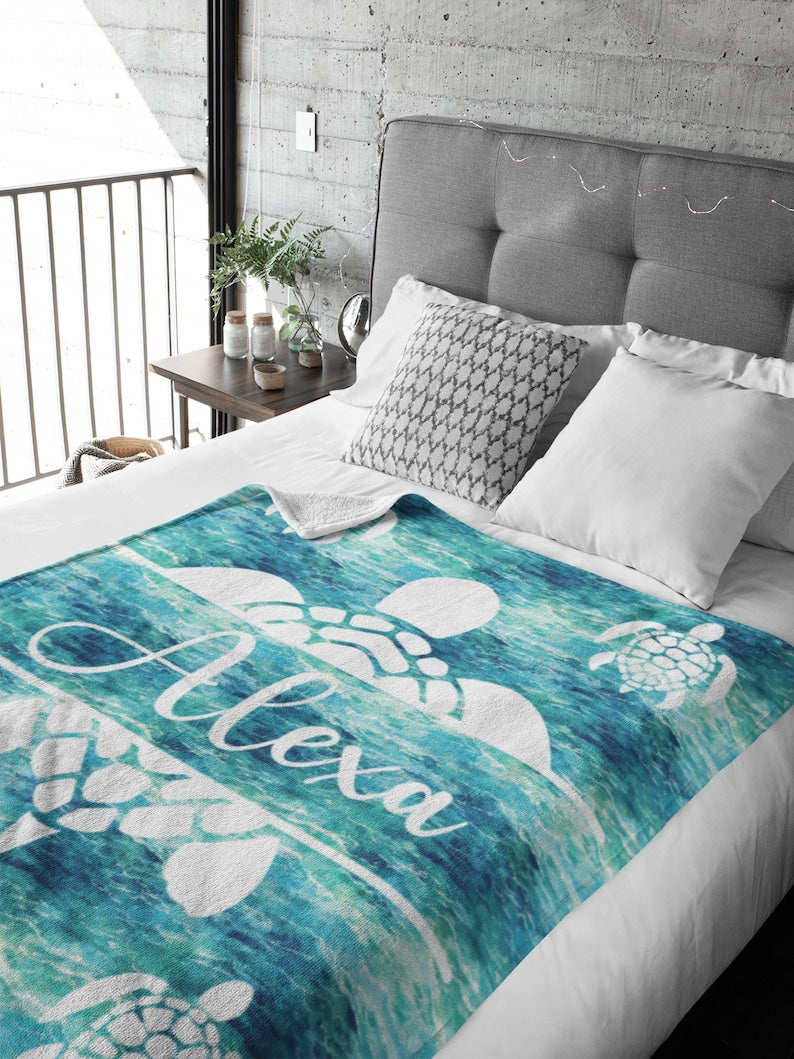 Personalized Sea Turtle Blanket | Customizable Sea Turtle Ocean Waves Blanket | Soft Blanket | Toddler Blanket | Comfy Throw Blanket