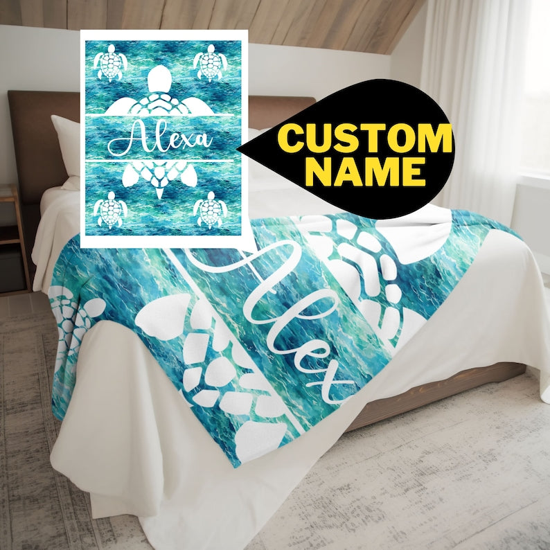 Personalized Sea Turtle Blanket | Customizable Sea Turtle Ocean Waves Blanket | Soft Blanket | Toddler Blanket | Comfy Throw Blanket