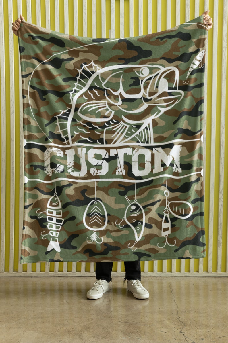 Personalized Bass Camo Fishing Blanket | Customizable Fishing Lures Blanket | Soft Blanket | Toddler Blanket | Comfy Throw Blanket