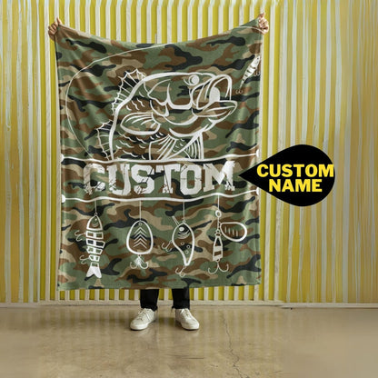 Personalized Bass Camo Fishing Blanket | Customizable Fishing Lures Blanket | Soft Blanket | Toddler Blanket | Comfy Throw Blanket