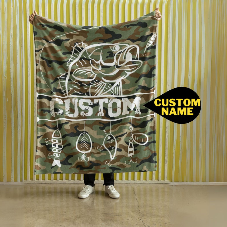 Personalized Bass Camo Fishing Blanket | Customizable Fishing Lures Blanket | Soft Blanket | Toddler Blanket | Comfy Throw Blanket