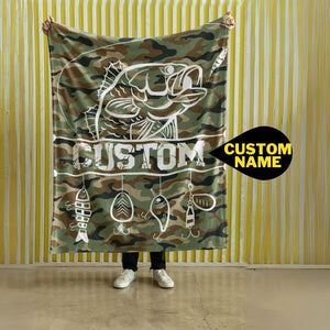Personalized Bass Camo Fishing Blanket | Customizable Fishing Lures Blanket | Soft Blanket | Toddler Blanket | Comfy Throw Blanket