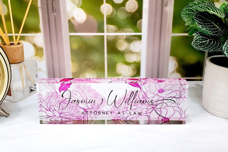 Custom Name Plate for Desk, Desk Nameplate, Personalized Gift, Acrylic Plaque, Pink Floral Name Plate, Gift for Women, Gift for Lady