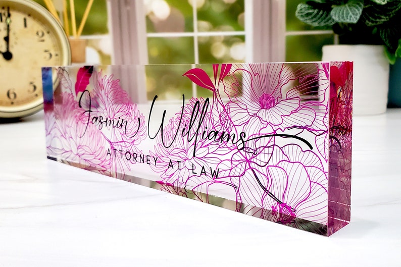 Custom Name Plate for Desk, Desk Nameplate, Personalized Gift, Acrylic Plaque, Pink Floral Name Plate, Gift for Women, Gift for Lady