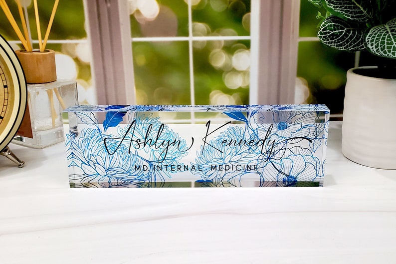 Custom Name Plate for Desk, Desk Nameplate, Personalized Gift, Acrylic Plaque, Royal Blue Floral Name Plate, Gift for Her, Gift for Lady