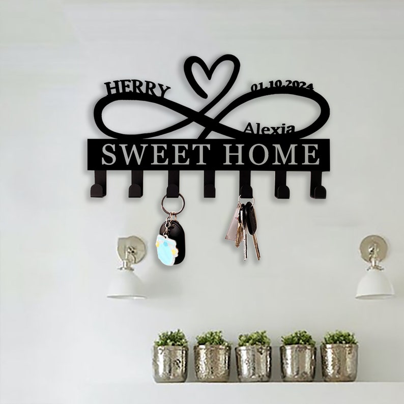Custom Heart Key Holder, Wall Decor, Infinity Heart Key Hooks, Housewarming Gift, Personalized Infinity Metal Sign, Mothers Day Gift