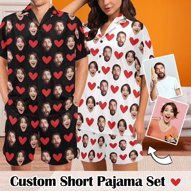 Custom Face Heart Pajama Set: Couple Pajamas Set, Personalized Photo Sleepwear, Husband Gift