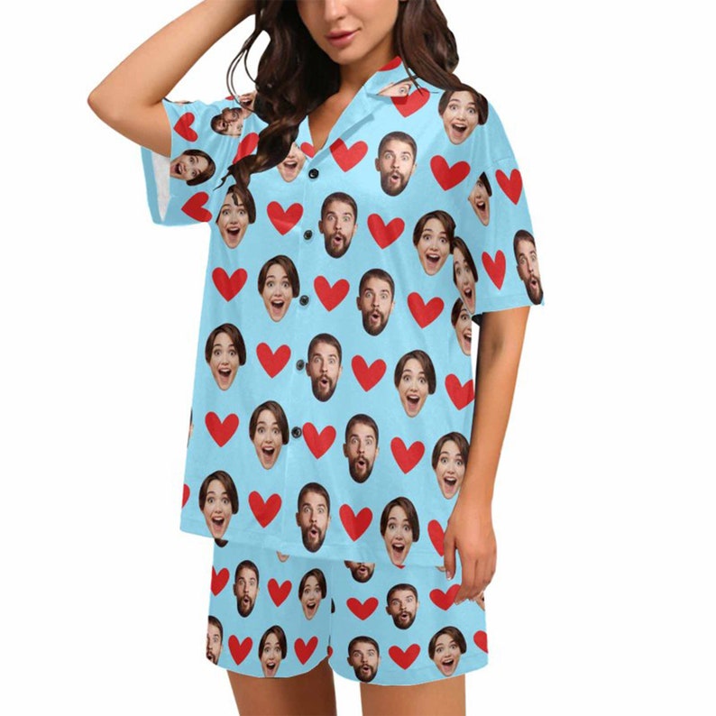 Custom Face Heart Pajama Set: Couple Pajamas Set, Personalized Photo Sleepwear, Husband Gift