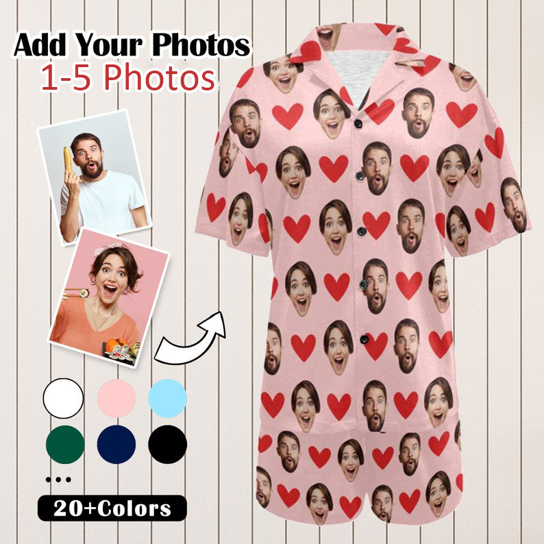 Custom Face Heart Pajama Set: Couple Pajamas Set, Personalized Photo Sleepwear, Husband Gift