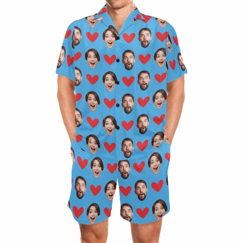 Custom Face Heart Pajama Set: Couple Pajamas Set, Personalized Photo Sleepwear, Husband Gift
