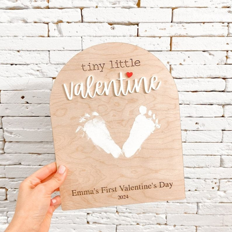 our little valentine wooden sign, baby's first valentine's day, baby feet keepsake, tiny little valentine sign