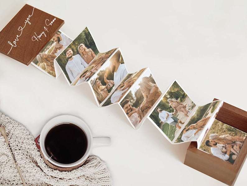 Valentines Day Gift For Him, Pull Out Photo Album, Custom Valentine Memory Collection, Wooden Photo Frame, Gift for Him, Trinket Wooden Box