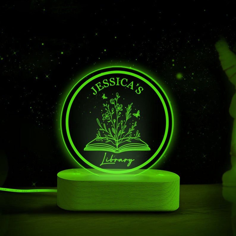 Personalized Book Night Light, Custom Name Library Acrylic Night Light, Bookish Room Decor, Librarian Gift, Book Lover Gift for Her