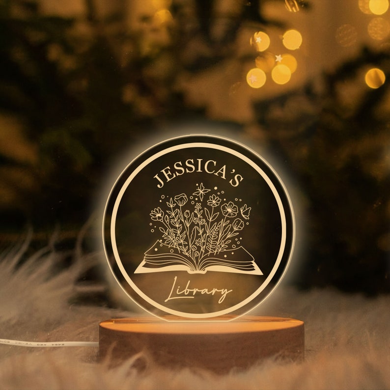 Personalized Book Night Light, Custom Name Library Acrylic Night Light, Bookish Room Decor, Librarian Gift, Book Lover Gift for Her